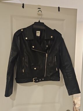 ONLY Black Faux Leather Moto Jacket with Belted Hem